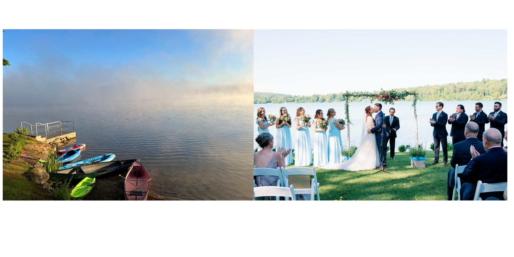 misty morning lake fog photo next to a photo of a lakeside wedding ceremony